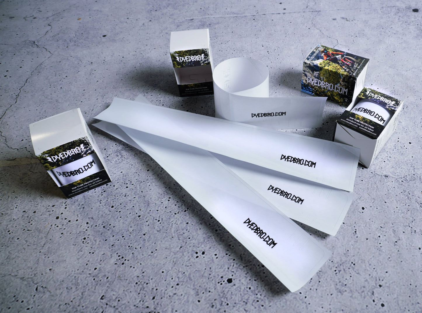 Clear Downtube protector full kit shot by DYEDBRO