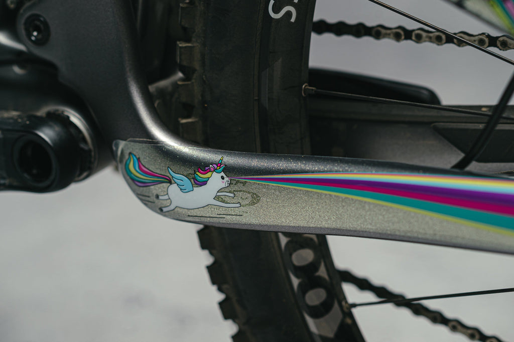 Protection de cadre Unicorn Glitter de DYEDBRO sur la base arrière d’un vélo Yeti